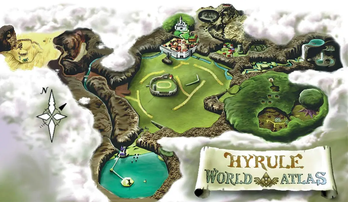 Full map of Hyrule in the original Legend of Zelda: Ocarina of Time for the N64