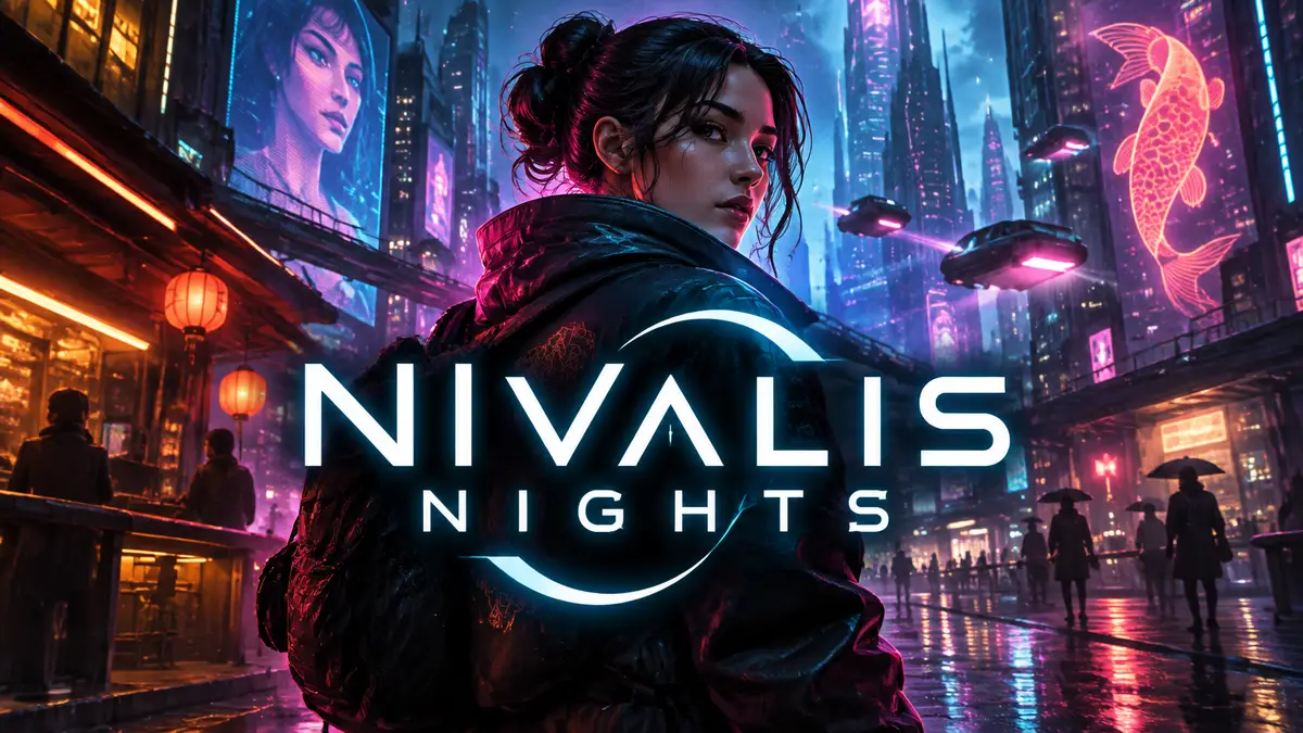 Неоновые улицы киберпанк-города в игре Nivalis Nights