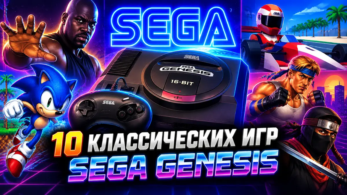 Консоль Sega Genesis с геймпадом в центре, вокруг герои ретро-игр и неоновый логотип Sega в стиле 90-х