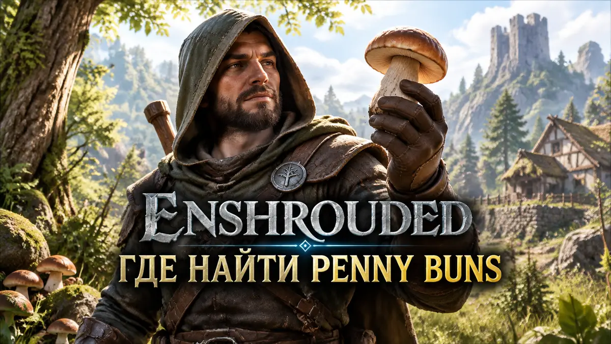 Искатель приключений из Enshrouded держит коричневый гриб penny bun на фоне светлого леса Springlands