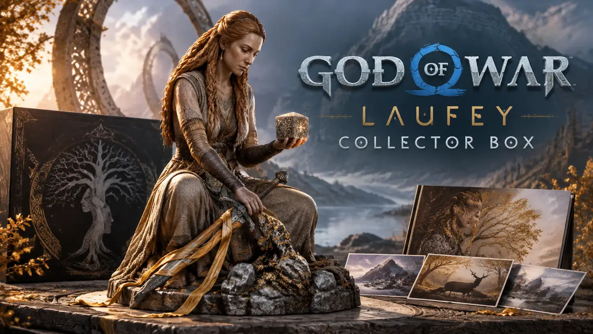 Статуя Faye с кубом Phranque и лентами Rue на мече, логотип God of War Laufey Collector Box на фоне