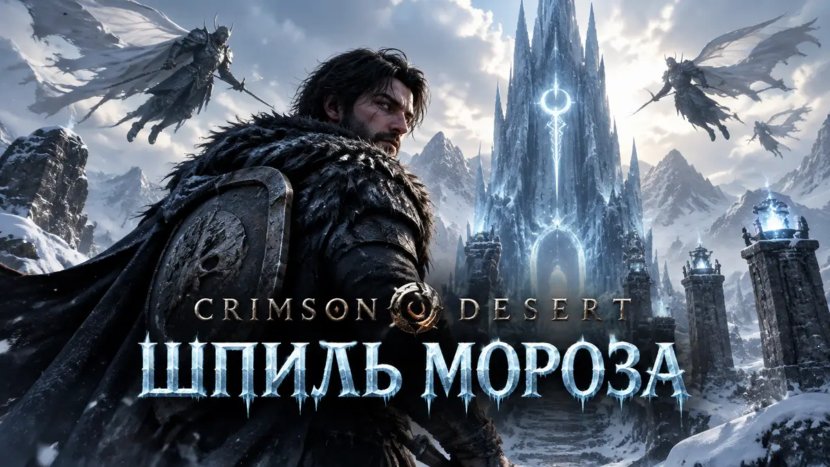 Ледяной шпиль среди снежных гор Pailune в стиле Crimson Desert, Шпиль мороза и летящие рыцари