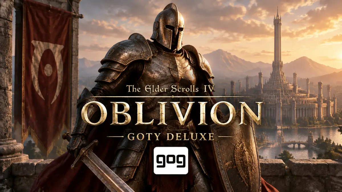 Рыцарь в доспехах на фоне Имперского города и логотипа The Elder Scrolls IV: Oblivion, постер для GOG