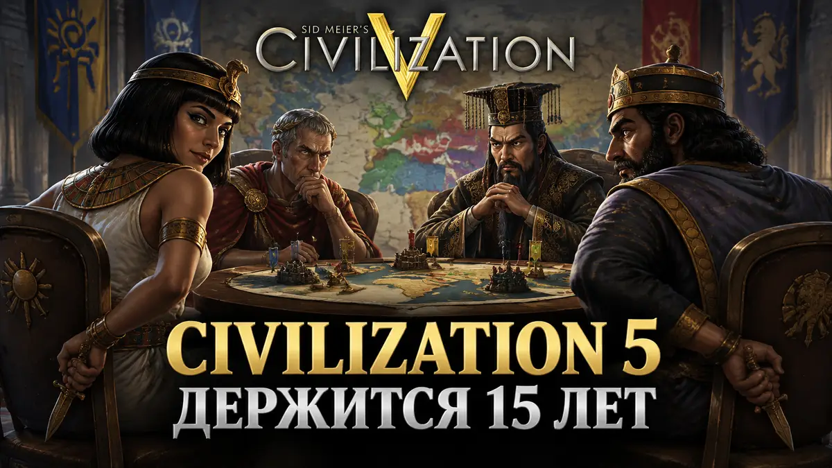 Правители за столом переговоров Civilization 5 тайно прячут кинжалы, на фоне карта империй и логотип игры