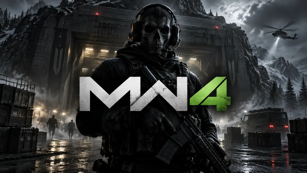 Оперативник Ghost на фоне мрачного бункера с логотипом Call of Duty Modern Warfare 4