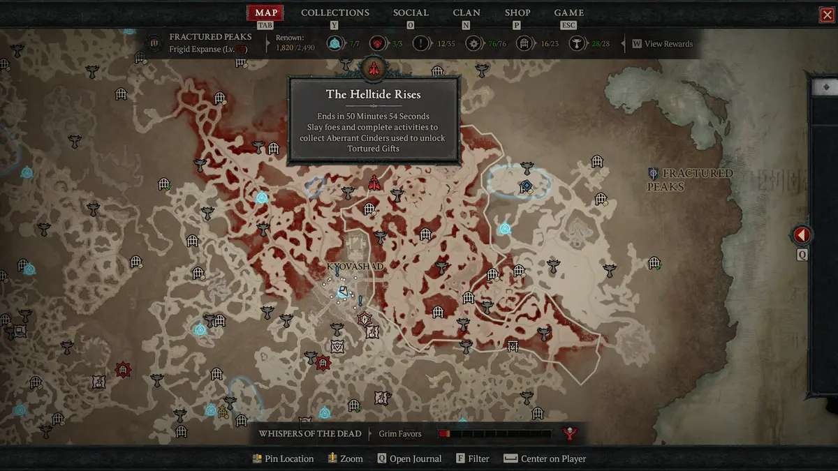 A map in Fractured Peaks showing the currently active Helltide location in Diablo 4