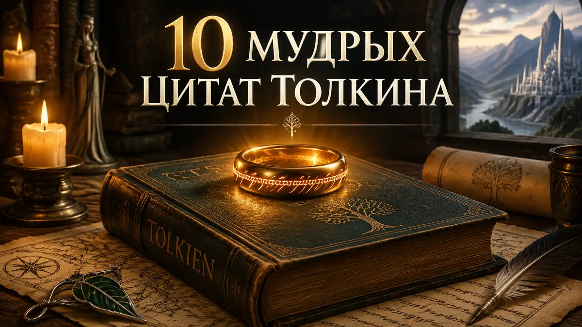 Старинная книга Толкина на столе, над ней сияет Кольцо Всевластия, свечи и пергамент в духе фэнтези