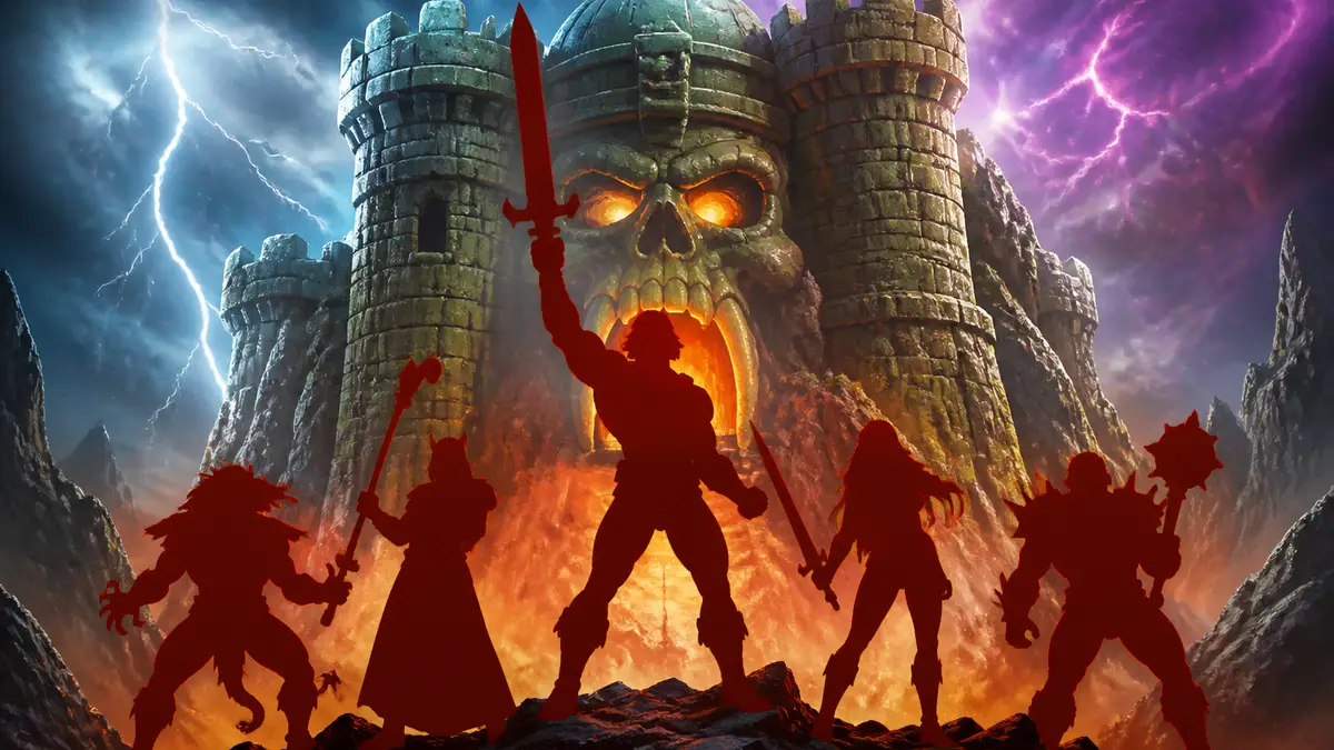 Логотип игры Masters of the Universe Battle for Grayskull на фоне замка
