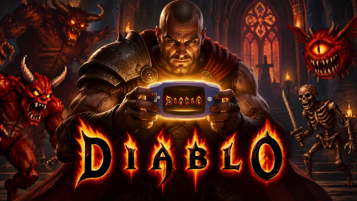 Воин из Diablo в тёмном соборе держит светящуюся Game Boy Advance, вокруг демоны Ада в стиле ретро-пикселей