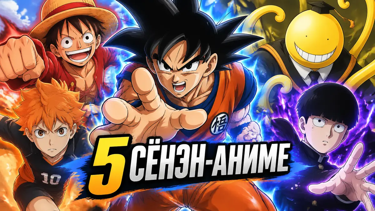 Гоку в стиле аниме Dragon Ball Super в окружении героев сёнэн-аниме Луффи, Коро-сэнсэя, Хинаты и Моба