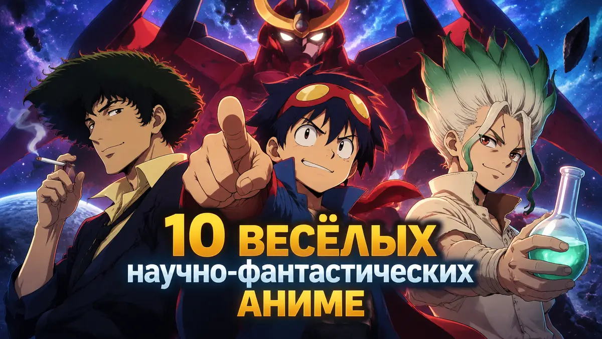 Спайк Шпигель, Сэнку и Симон на фоне звёздного неба и гигантского робота в стиле постера аниме