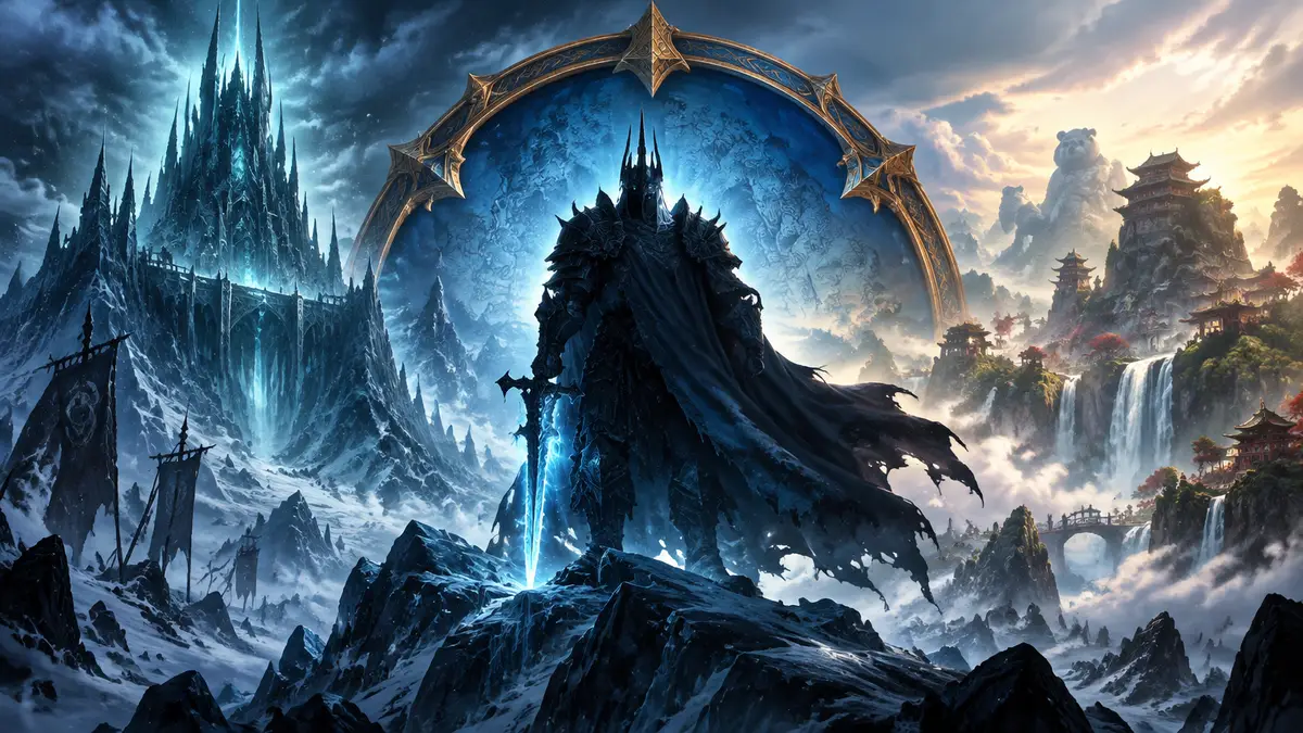 Крис Зирхат и силуэт ледяного трона на фоне логотипа World of Warcraft Forever
