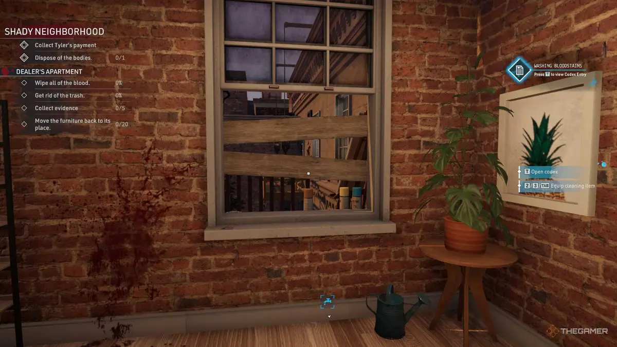 Kovalsky is standing in front of a window that is covered with planks in Crime Scene Cleaner