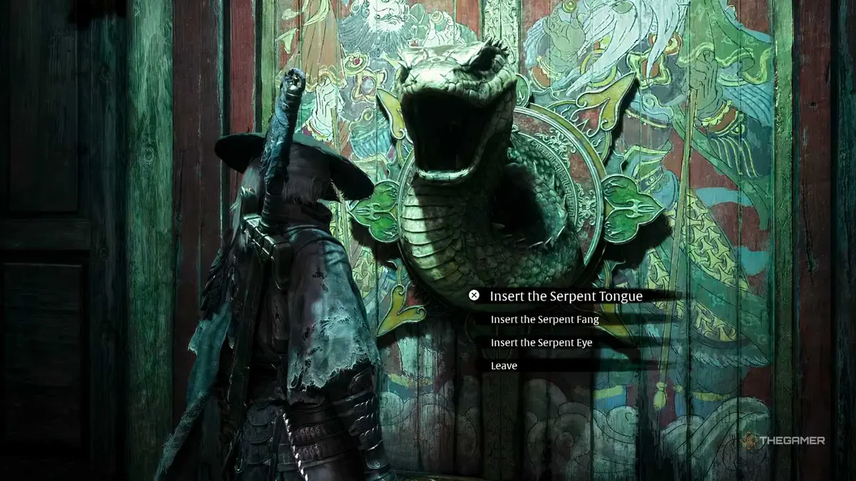 Soul from Phantom Blade Zero is standing in front of the Serpent Door and is about to insert its three keys.