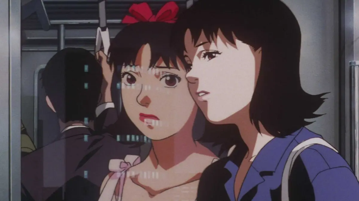 Mima on a subway and sees an idealized reflection in the mirror in Perfect Blue.