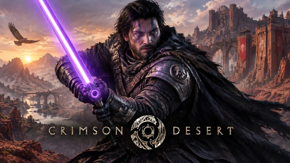 Воин с фиолетовым световым мечом Lumen Sword в руках на фоне Crimson Desert