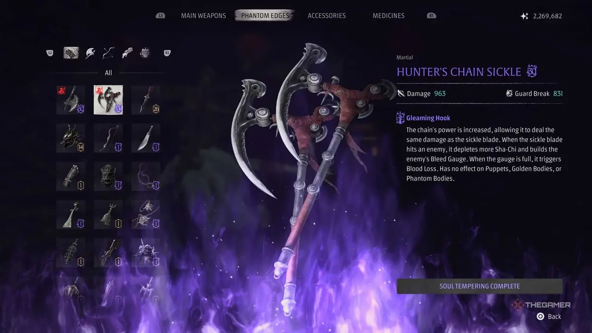 hunter's chain sickle phantom blade zero upgrade screen.