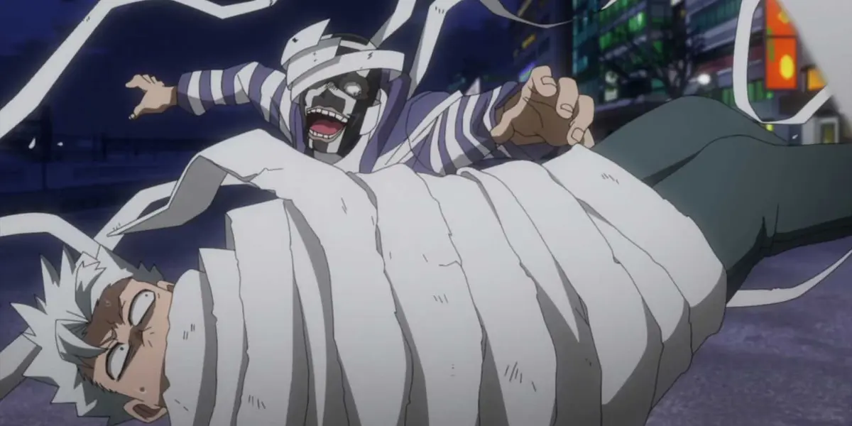 Ending uses his Whiteline Quirk to capture Natsuo in My Hero Academia.