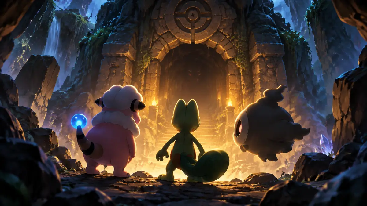 Покемоны Flaaffy, Treeko и Duskull у входа в таинственное подземелье в стиле Pokémon Mystery Dungeon