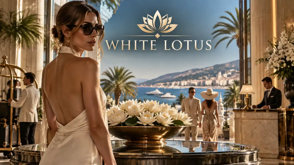 Постер сериала «Белый лотос»: роскошное лобби отеля в Каннах с логотипом White Lotus на фоне Ривьеры