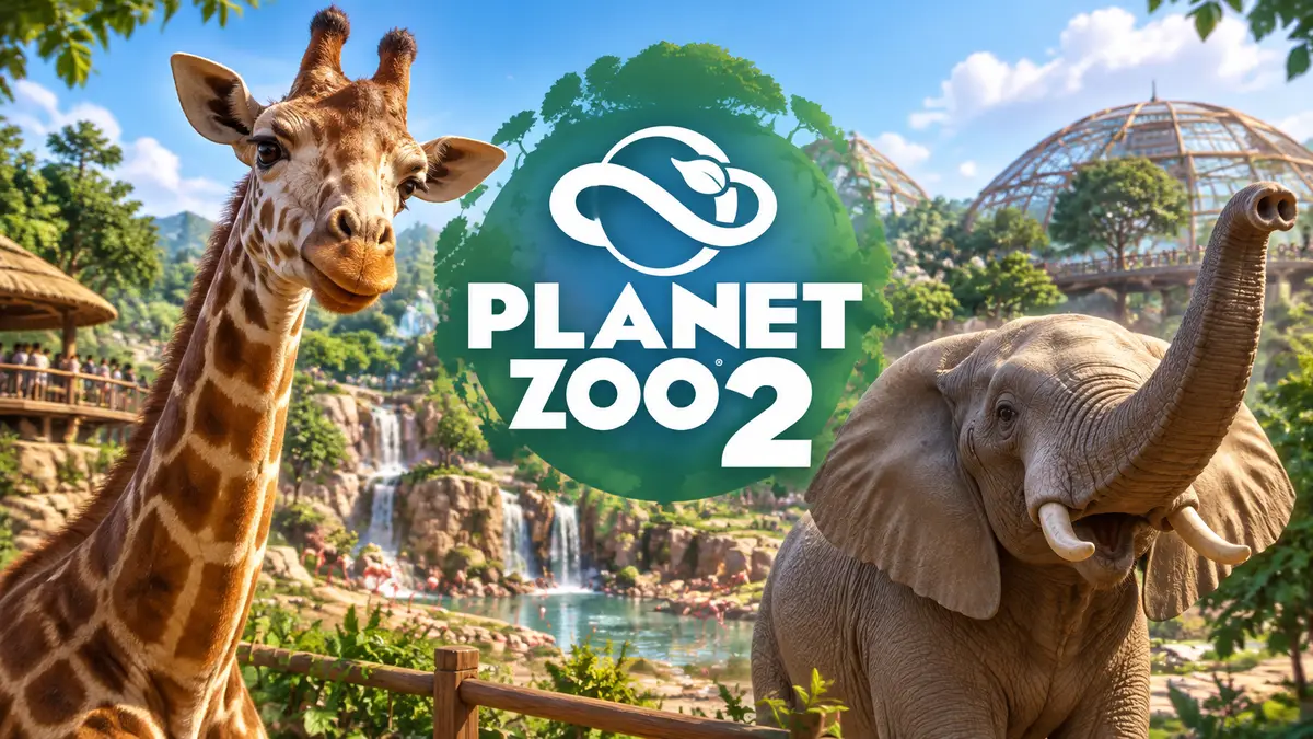 Постер Planet Zoo 2: жираф и слон в ярком вольере зоопарка, логотип игры на фоне зелёного парка