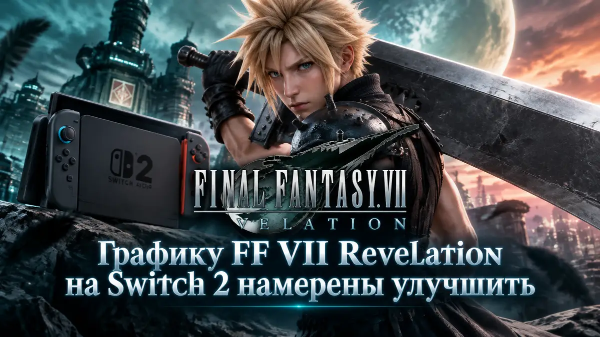 Клауд Страйф с мечом Buster Sword на фоне логотипа Final Fantasy VII Revelation и консоли Switch 2