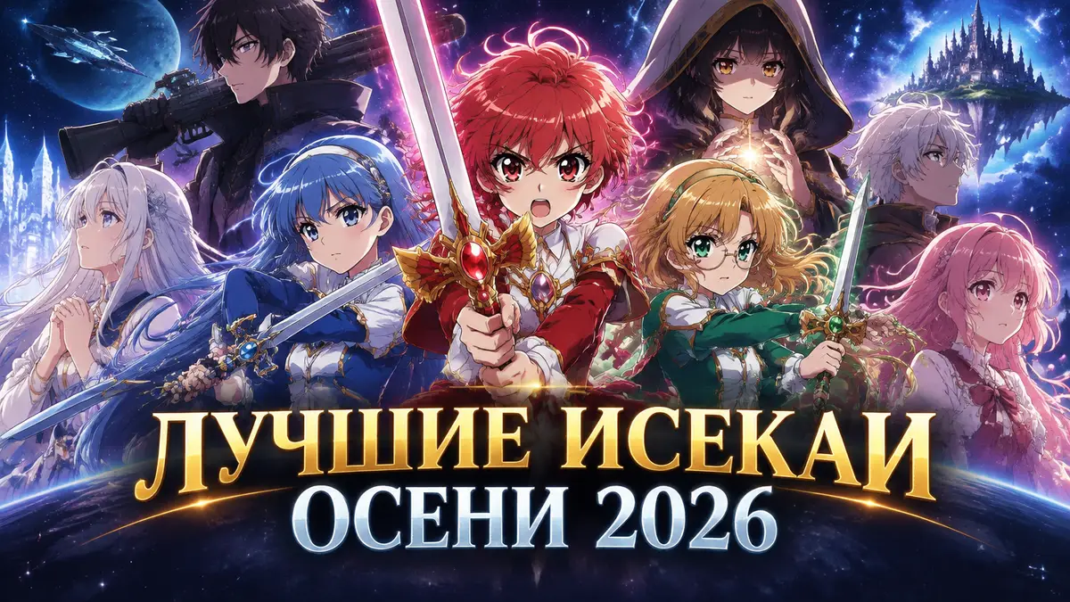 Три героини Magic Knight Rayearth с клинками в окружении героев осенних исекаев 2026 на фоне звёзд