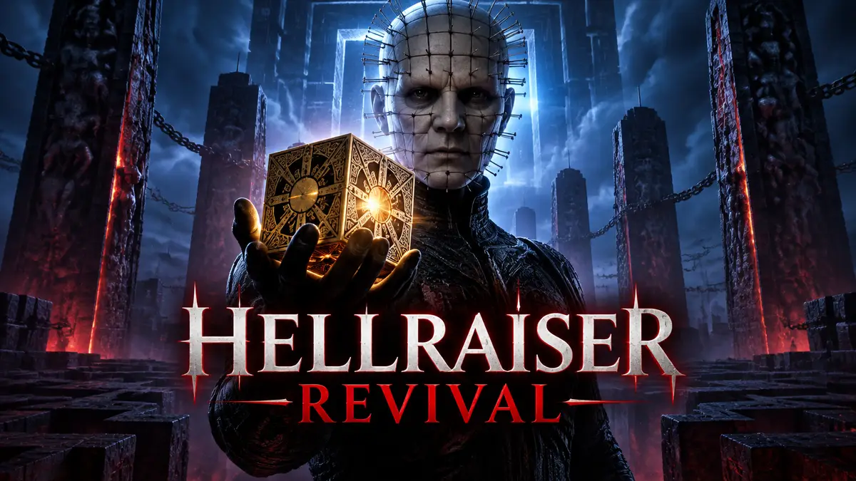 Pinhead из Hellraiser Revival держит светящийся Configuration Cube среди мрачных колонн Лабиринта