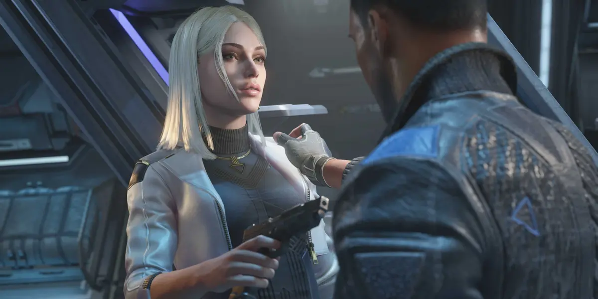 A woman in The Expanse: Osiris Reborn pointing a pistol at a man holding her shoulder.
