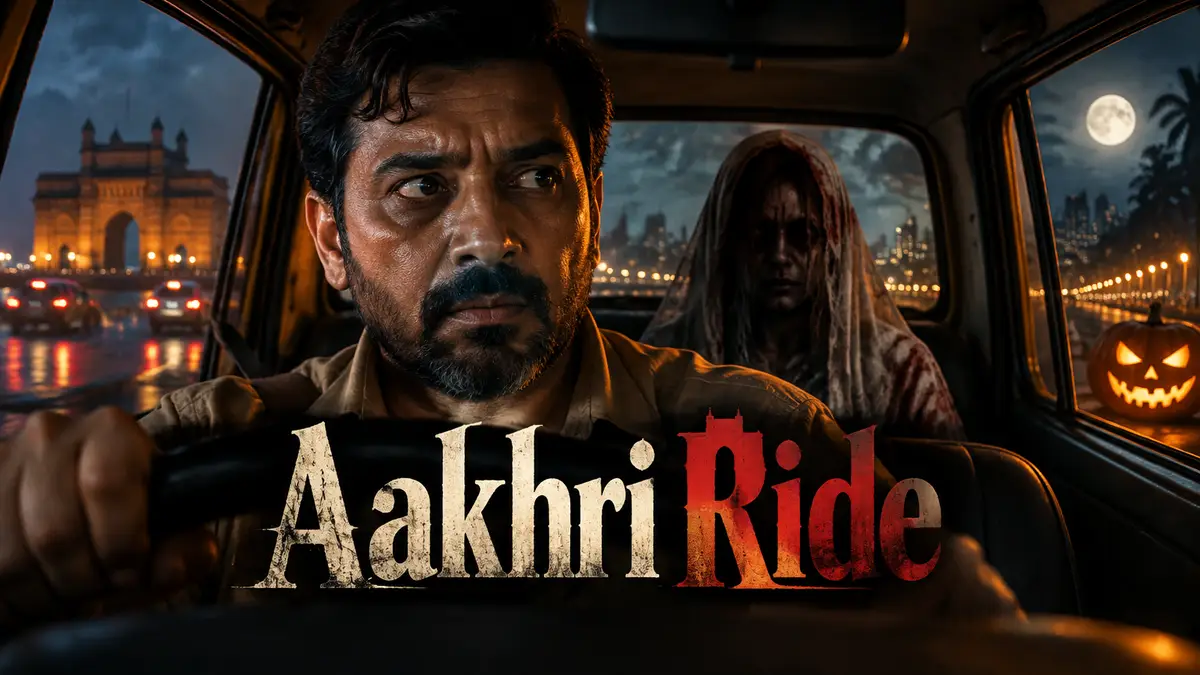 Постер триллера «Aakhri Ride»: таксист за рулём в ночном Мумбаи, жуткая фигура на заднем сиденье, хэллоуин