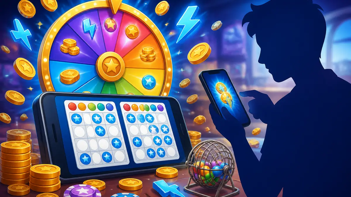 Интерфейс мобильной игры Bingo Blitz с колесом наград и игровыми карточками