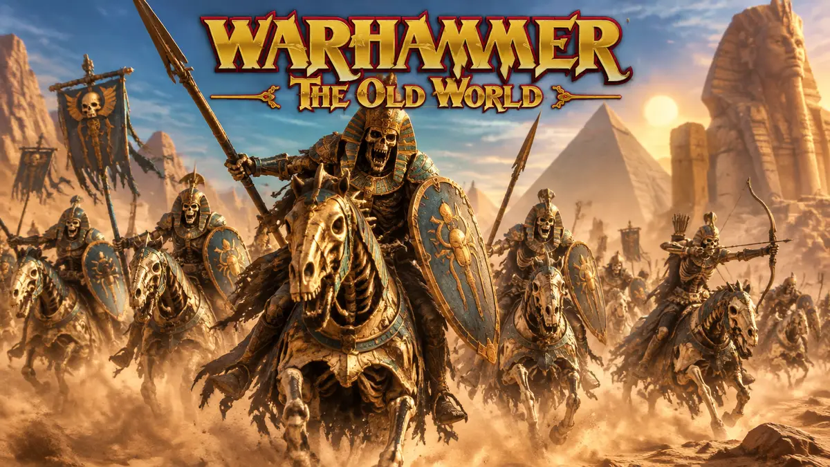 Всадники-скелеты Царей Гробниц Warhammer: The Old World с копьями и щитами скачут по пустыне Кхемри