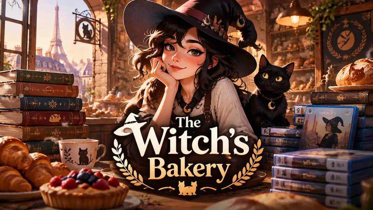 Ведьма Lunne в парижской пекарне со стопками книг и видеоиграми, арт The Witch's Bakery