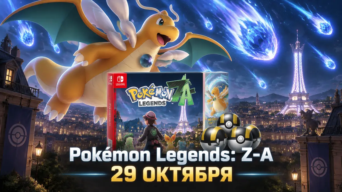 Мега-Драгонайт выпускает Draco Meteor над Lumiose City, постер бандла Pokémon Legends: Z-A с логотипом