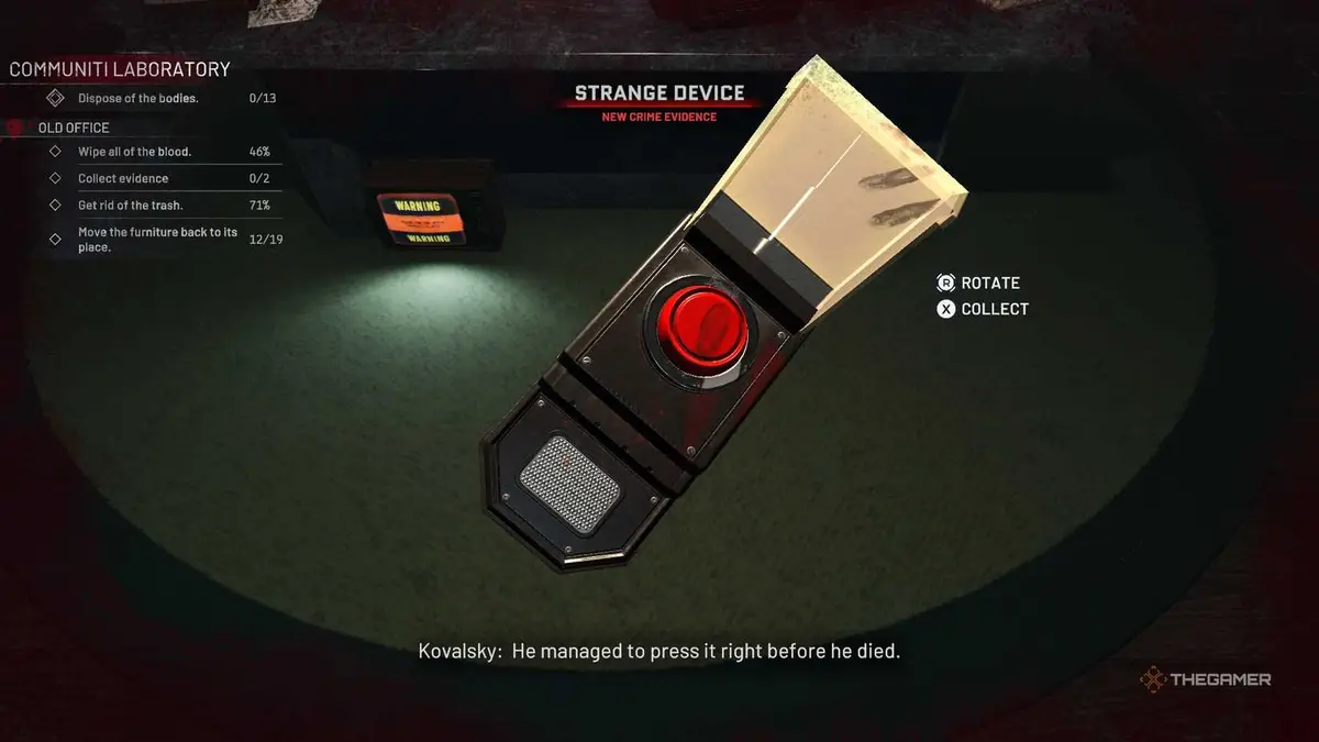 Crime Scene Cleaner a strange device with a red button.