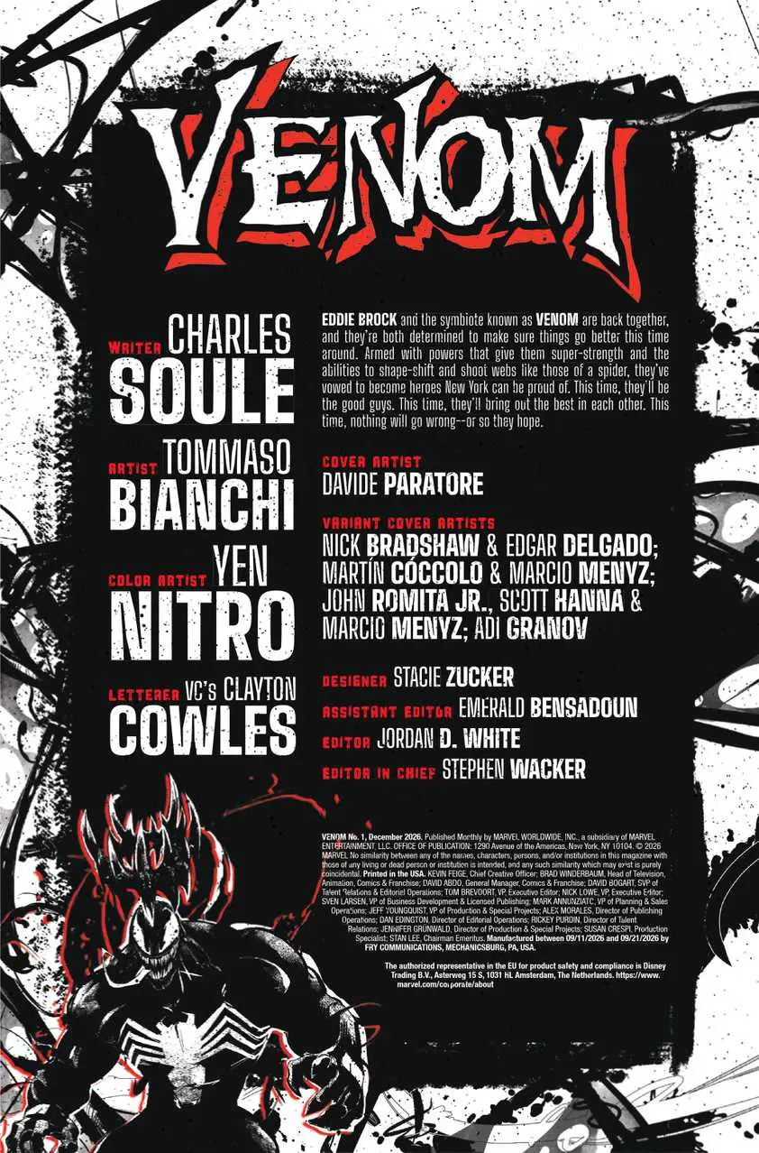The creator credits of Venom #1