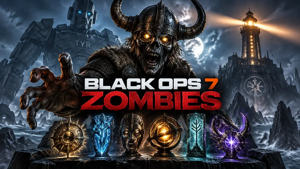 Зомби-викинг на фоне гигантского робота Tyr и маяка Totenreich, логотип Black Ops 7 Zombies, реликвии