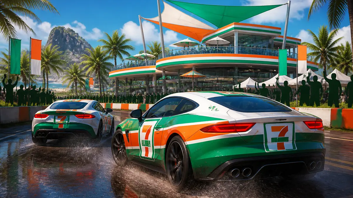 Гонка в Forza Horizon с тематическими декорациями кроссовера 7-Eleven