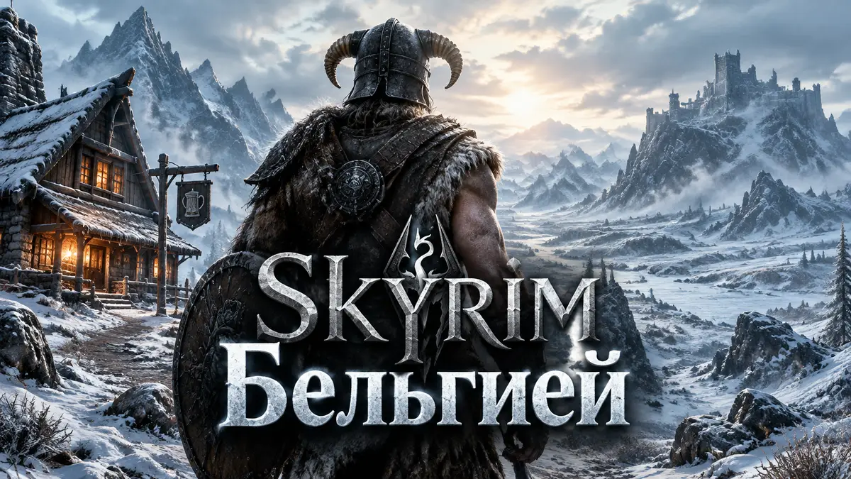 Довакин в рогатом шлеме стоит в заснеженной тундре Skyrim у одинокой таверны, вдали замок на скале