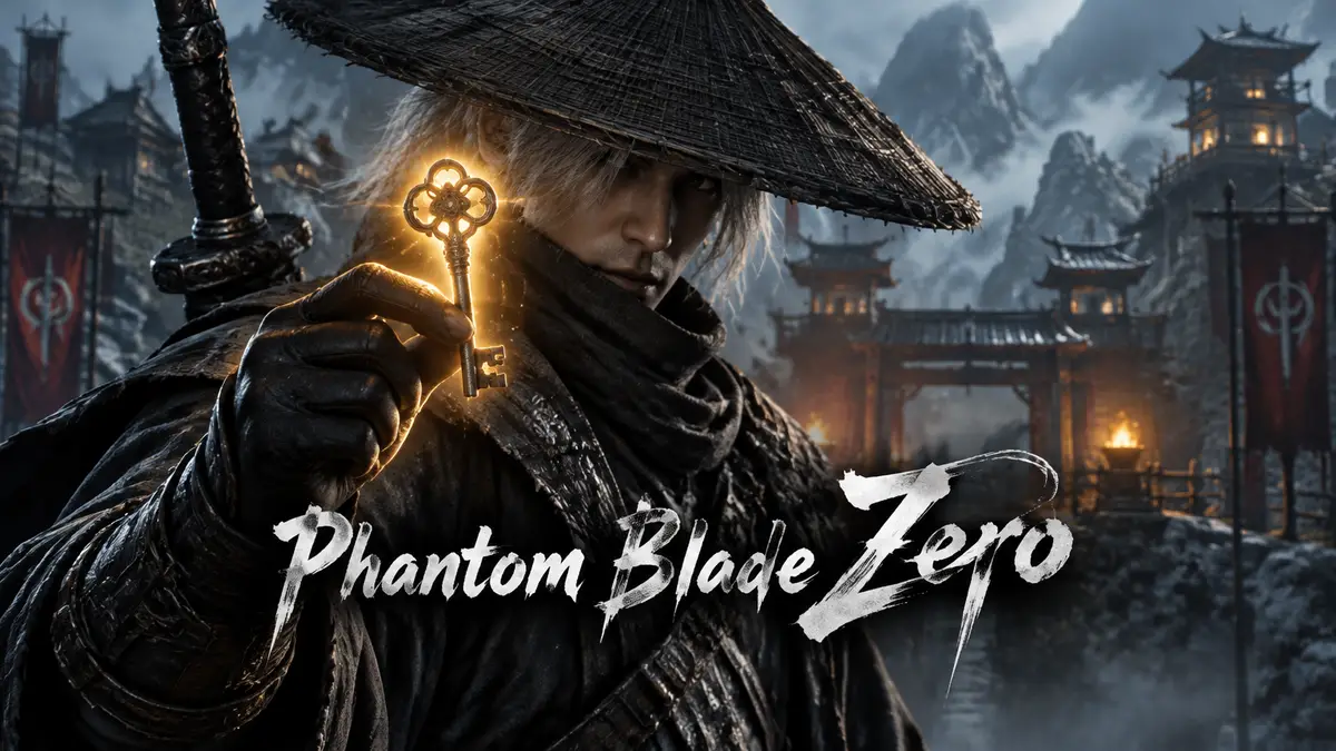 Мечник Soul из Phantom Blade Zero держит светящийся ключ на фоне горного лагеря в стиле уся