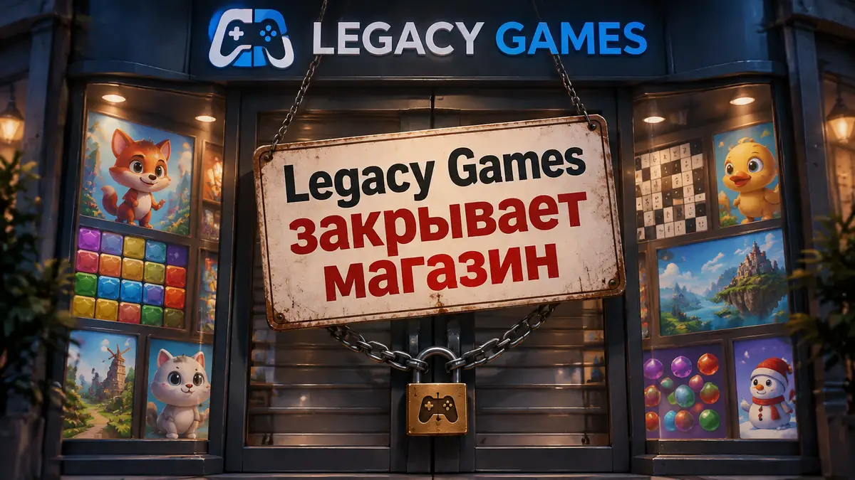 Закрытая витрина магазина Legacy Games с казуальными играми-головоломками и табличкой о закрытии