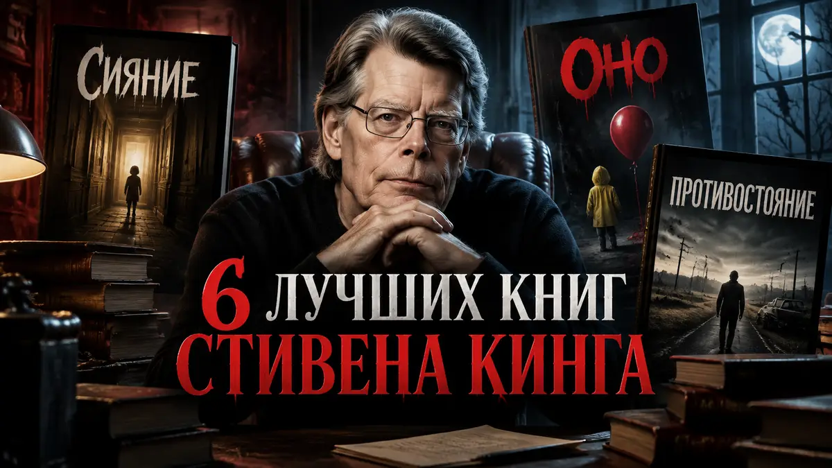 Стивен Кинг за столом среди обложек своих книг «Сияние», «Оно» и «Противостояние» в мрачном стиле