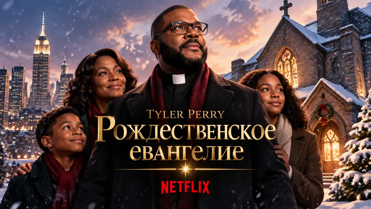 Пастор с семьёй у старой церкви в заснеженном Нью-Йорке, постер «Рождественского евангелия» Netflix