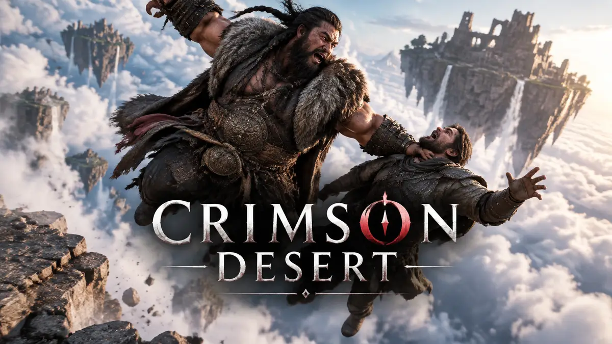 Здоровяк Оонгка из Crimson Desert держит врага за горло и прыгает с парящего острова над облаками