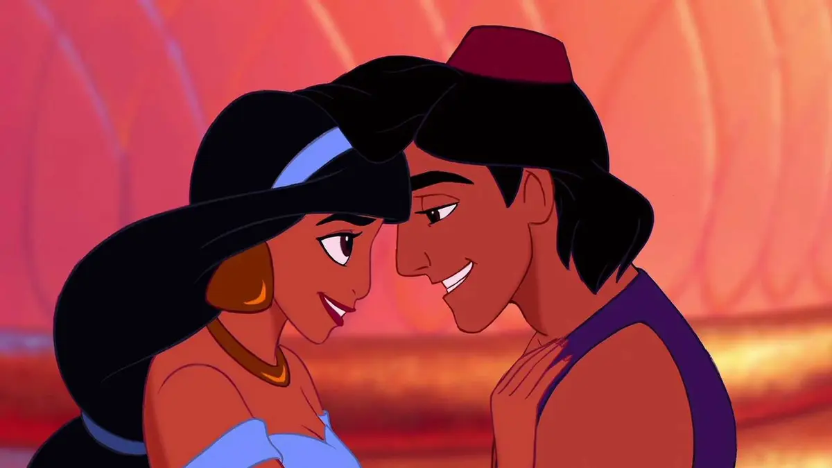 Aladdin and Jasmine share a romantic look in Aladdin.