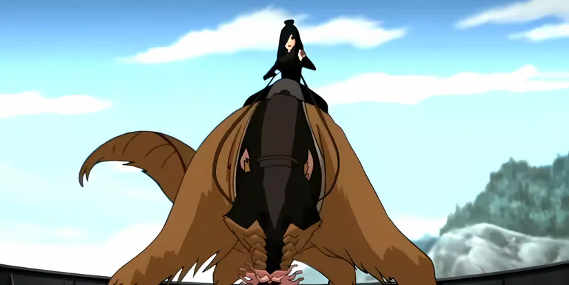 June is riding her shirshu, Nyla, onto Prince Zuko's ship in Avatar: The Last Airbender.