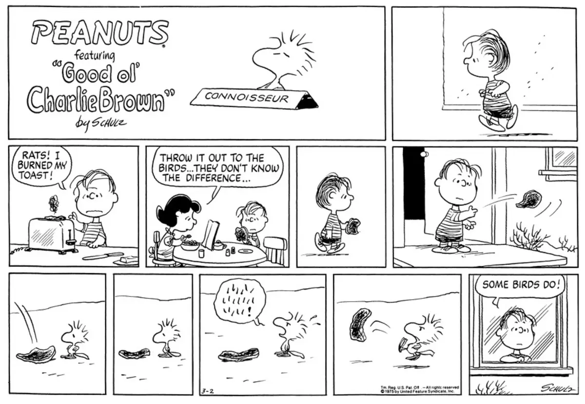 Linus burns his toast, so he throws it to Woodstock who gets upset it's burnt.