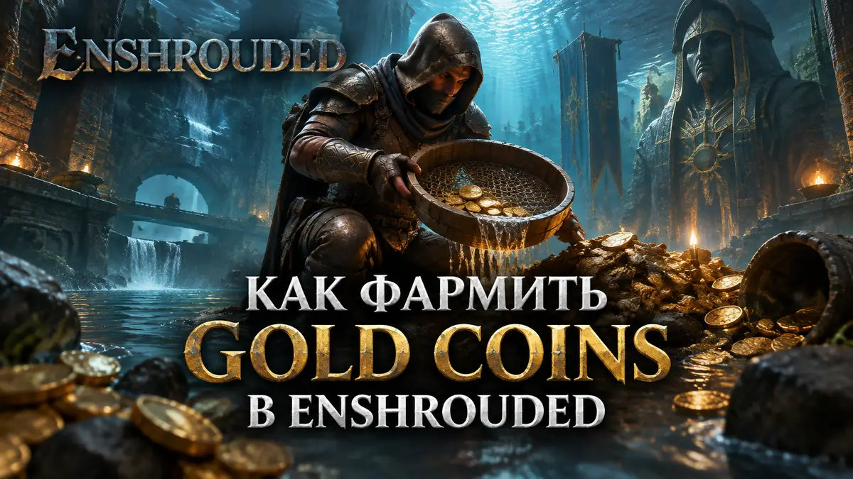 Искатель приключений Enshrouded у груды Gold Coins в затопленном древнем храме Drak'Dal, логотип игры