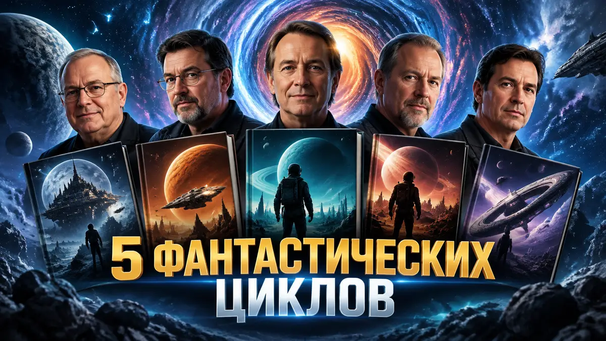 Книжные обложки космической фантастики на фоне звёздной галактики и червоточины, авторы Star Wars