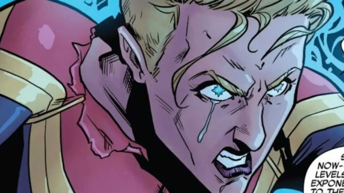 Carol Danvers as Captain Marvel sweating in a tense situation.
